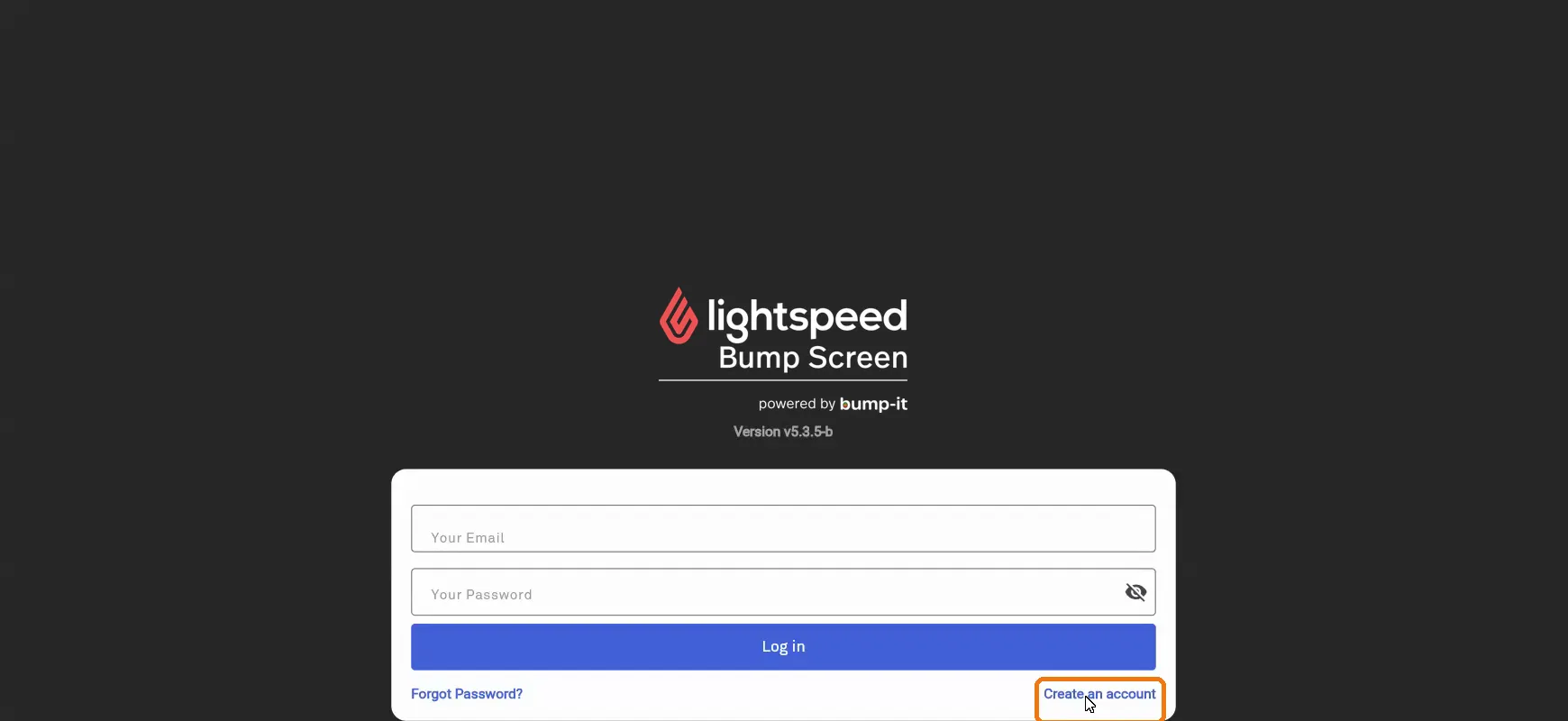 Bump-it login screen with the Create an account link