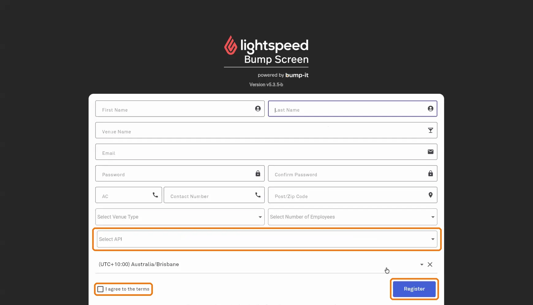 Bump-it registration form showing the Select API and time zone fields