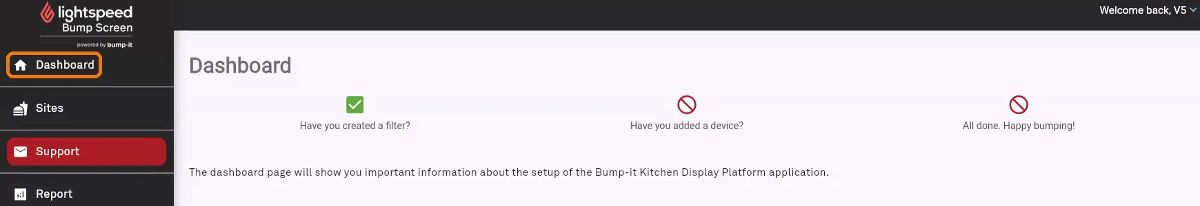 Bump-it Dashboard showing setup progress