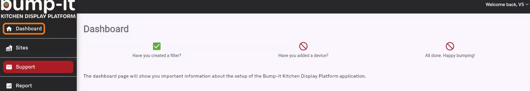 Bump-it Dashboard showing setup progress