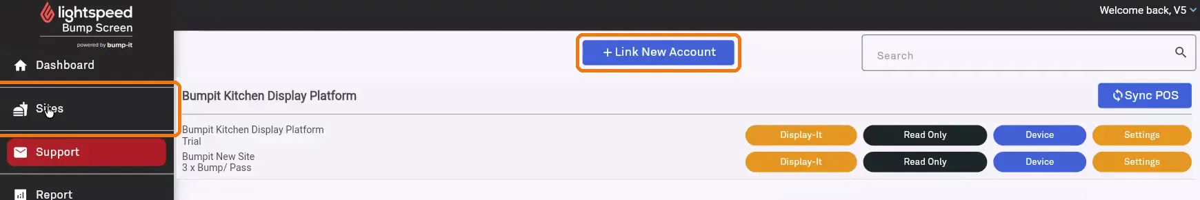 Sites page with the Link New Account button highlighted