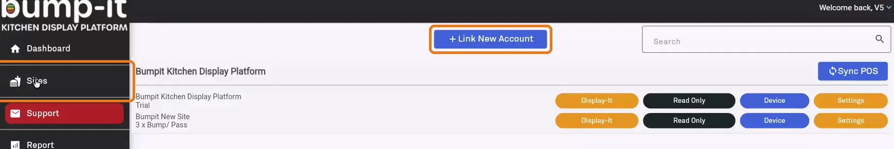 Sites page with the Link New Account button highlighted