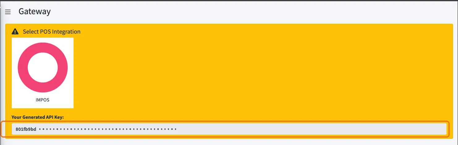 Gateway showing the IMPOS tile and the generated API key