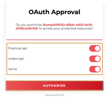 OAuth Approval screen with all permissions enabled and the Authorize button