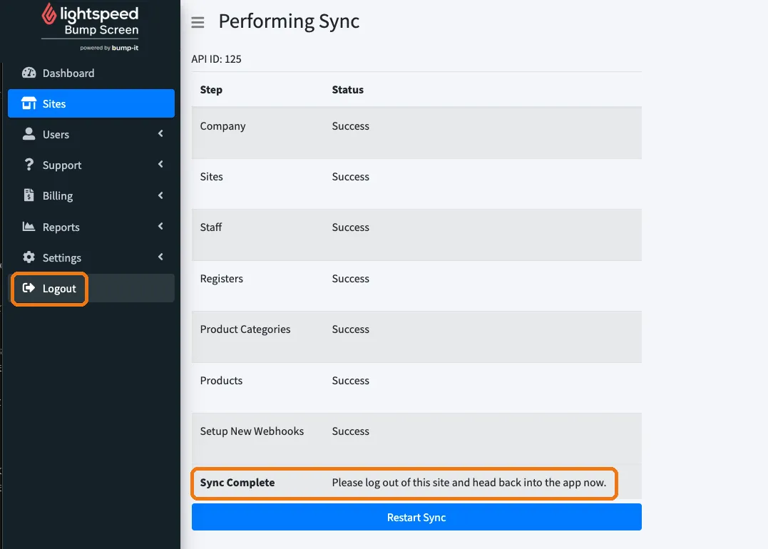 The sync progress page showing every step successful and Sync Complete