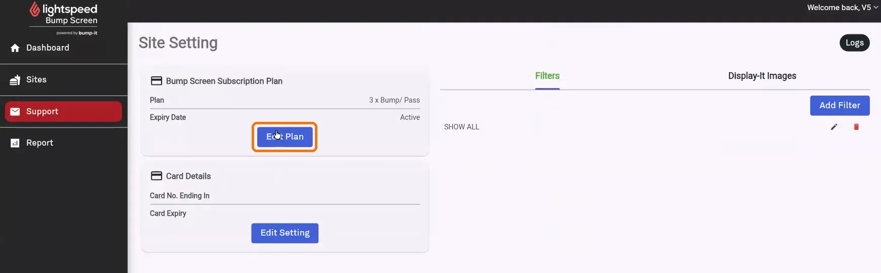 Site Setting page showing Bump Screen Subscription Plan