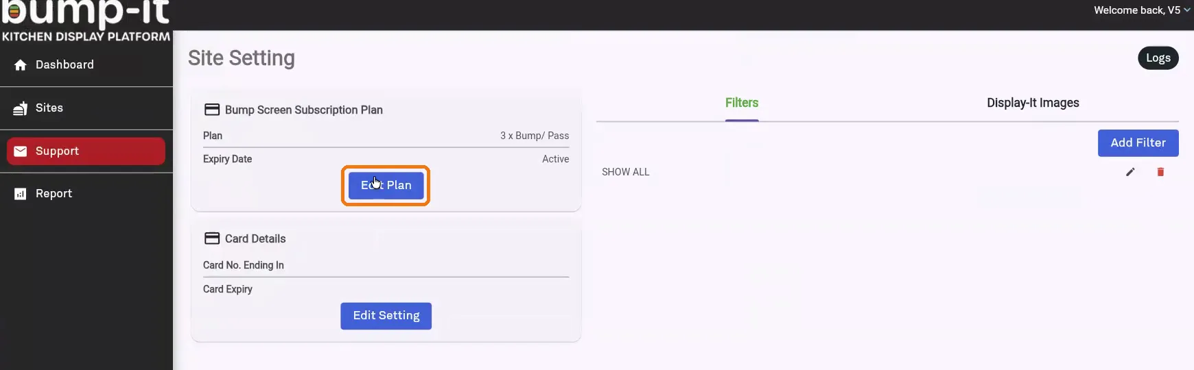 Site Setting page showing Bump Screen Subscription Plan
