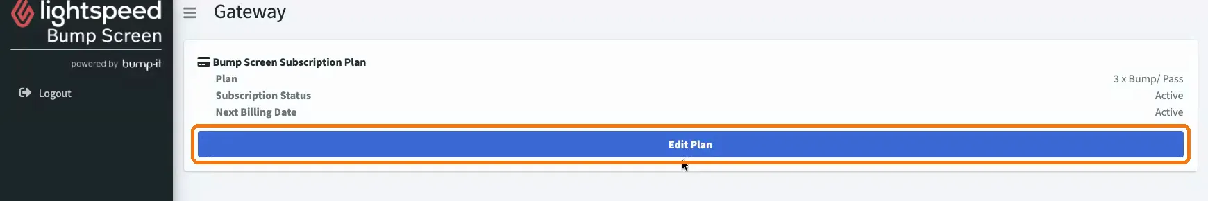 Gateway page showing the Bump Screen Subscription Plan and Edit Plan button