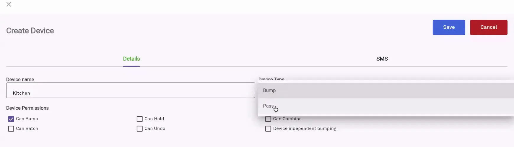 Create Device page with the Device Type dropdown showing Bump and Pass