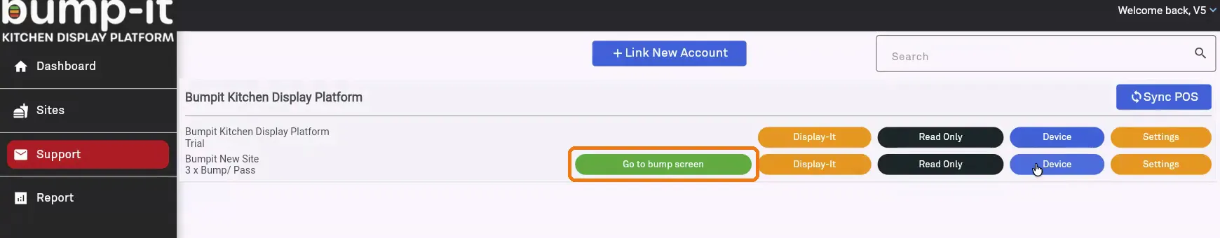 Sites page with the Go to bump screen button highlighted