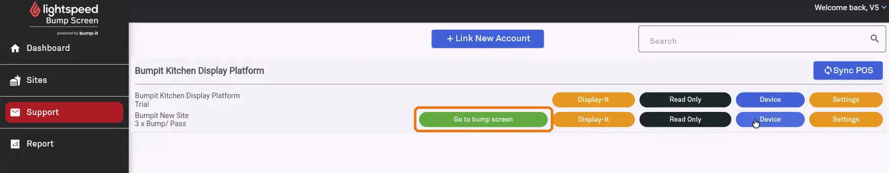 Sites page with the Go to bump screen button highlighted