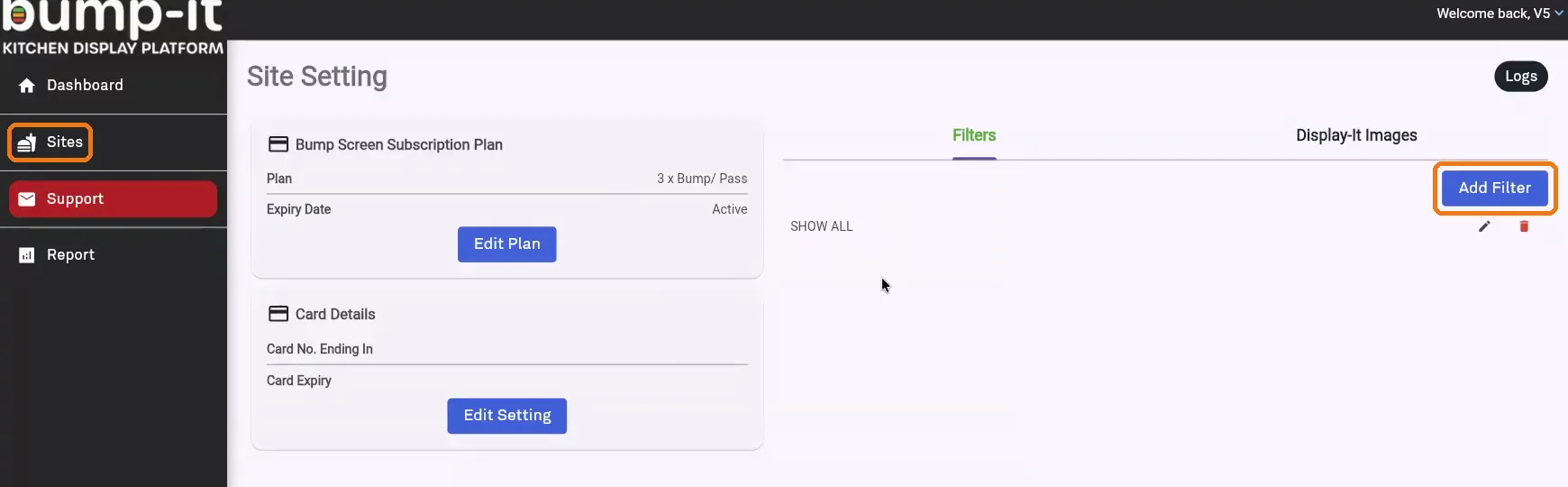 Site Setting page with the Add Filter button highlighted