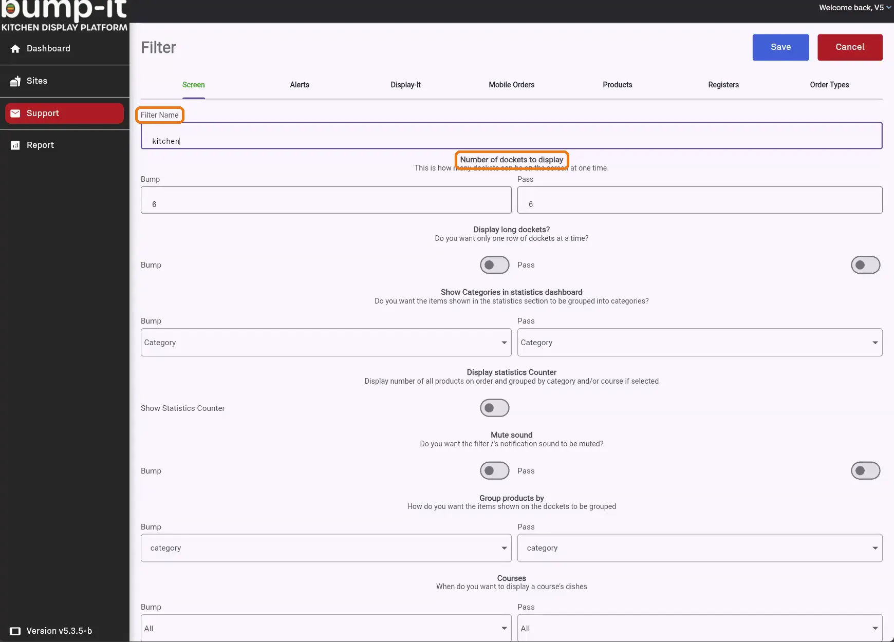 Filter page showing Filter Name and Number of dockets to display