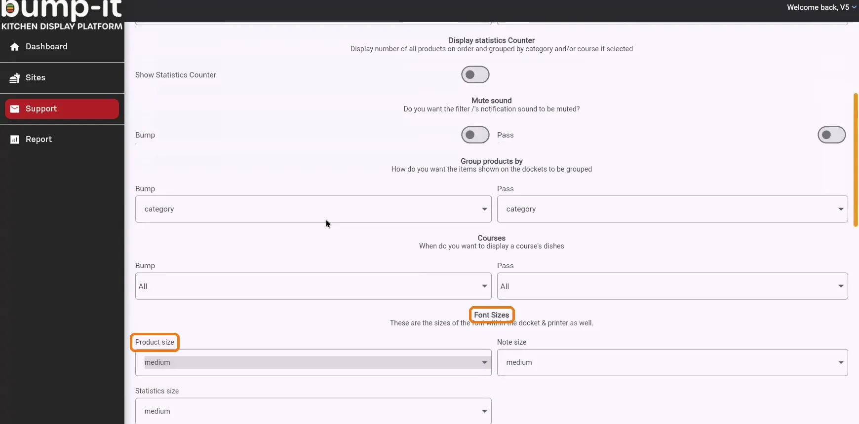 Font Sizes section on the Screen tab