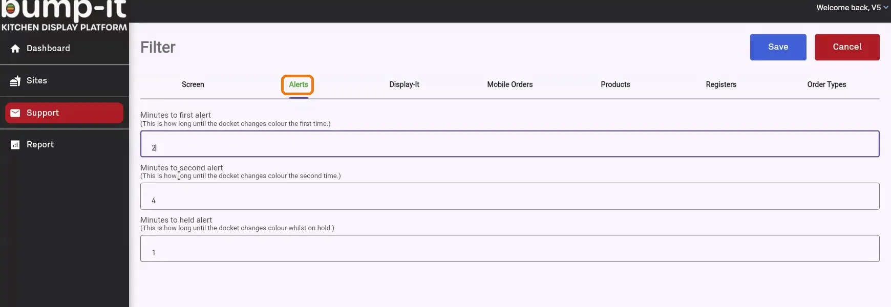 Alerts tab showing the three alert fields