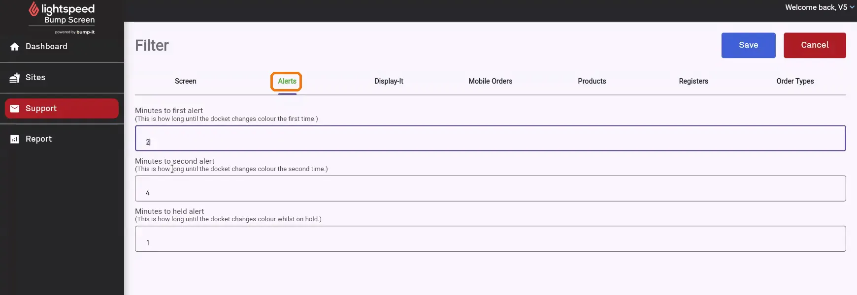 Alerts tab showing the three alert fields