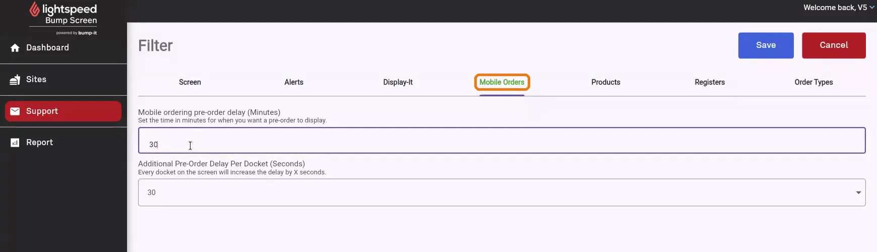 Mobile Orders tab showing the pre-order delay settings