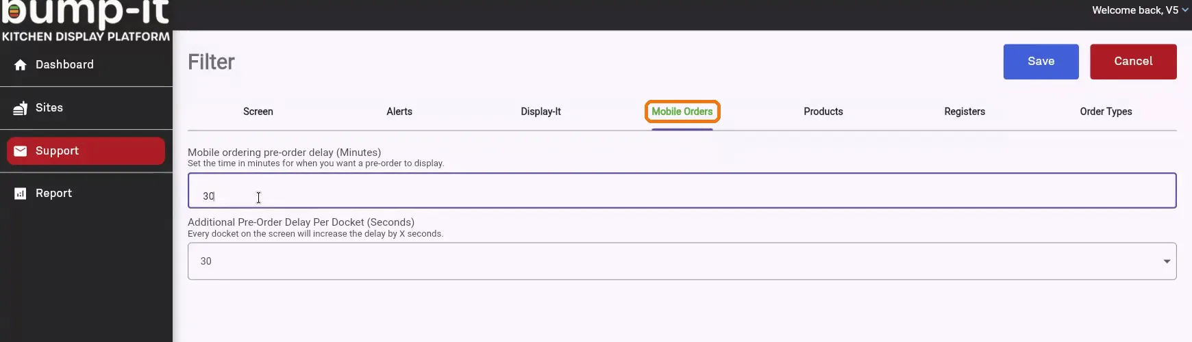 Mobile Orders tab showing the pre-order delay settings