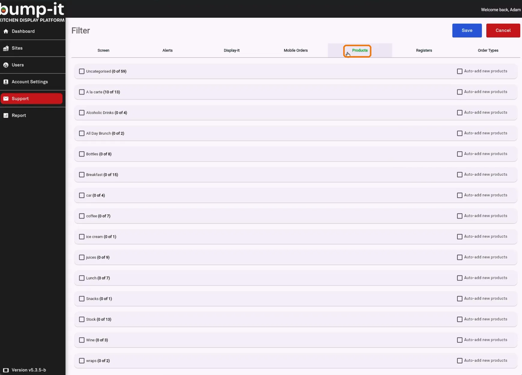 Products tab showing the category list