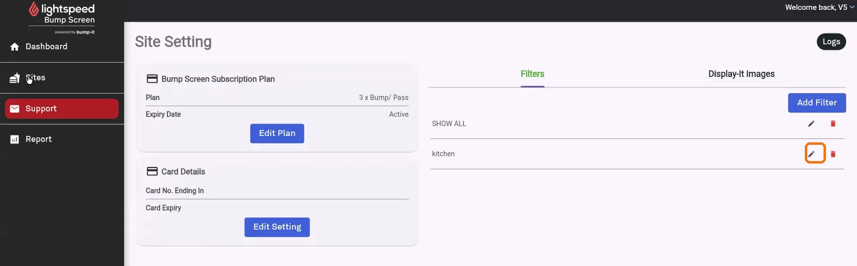 The saved filter listed on the Site Setting page with its edit icon highlighted