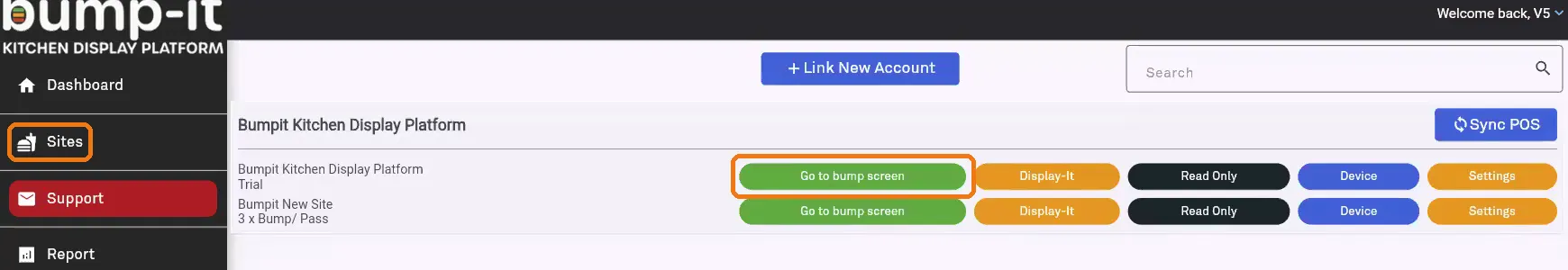 Sites page with the Go to bump screen button highlighted