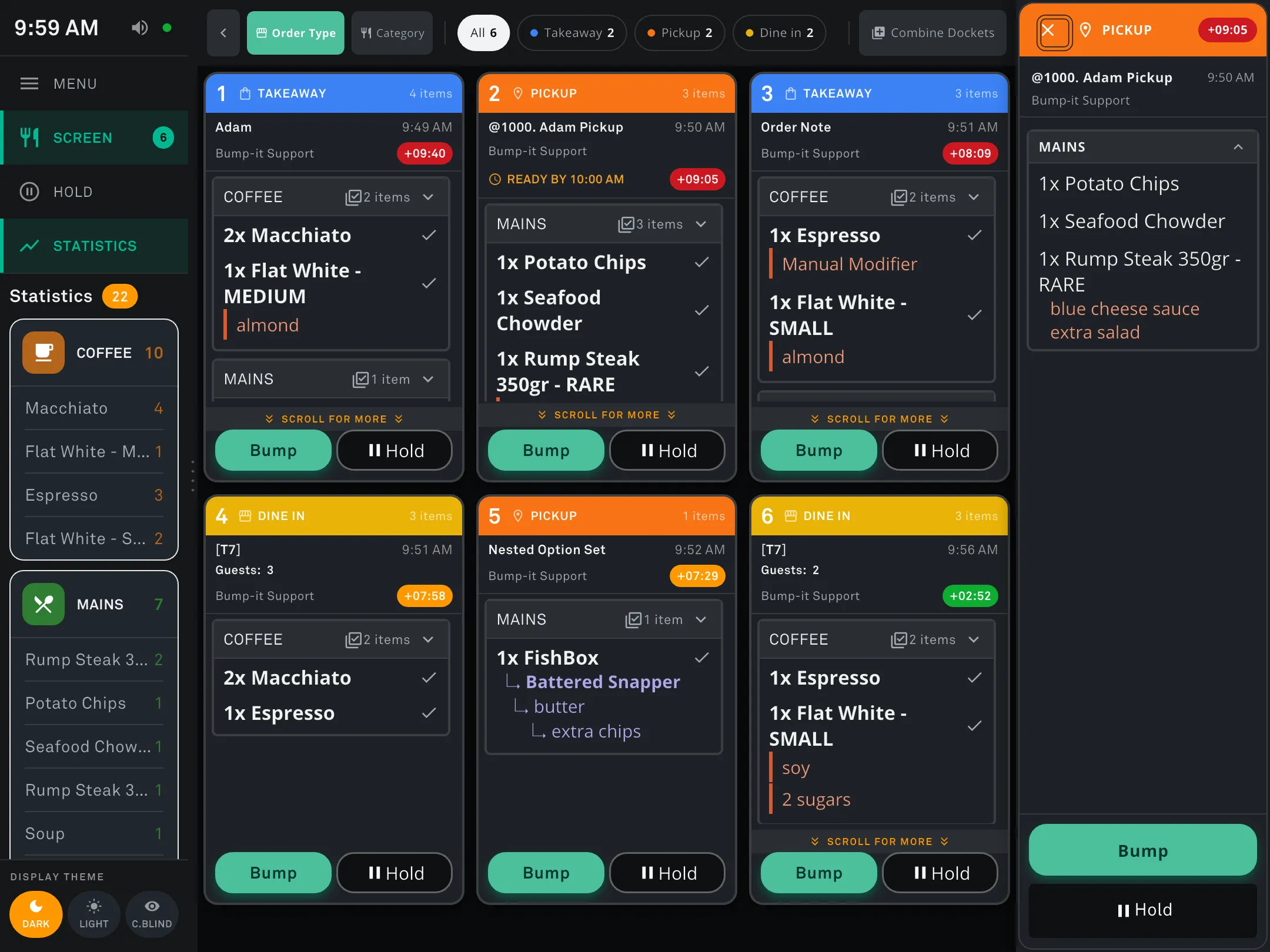 Bump screen with a docket expanded into the right sidebar