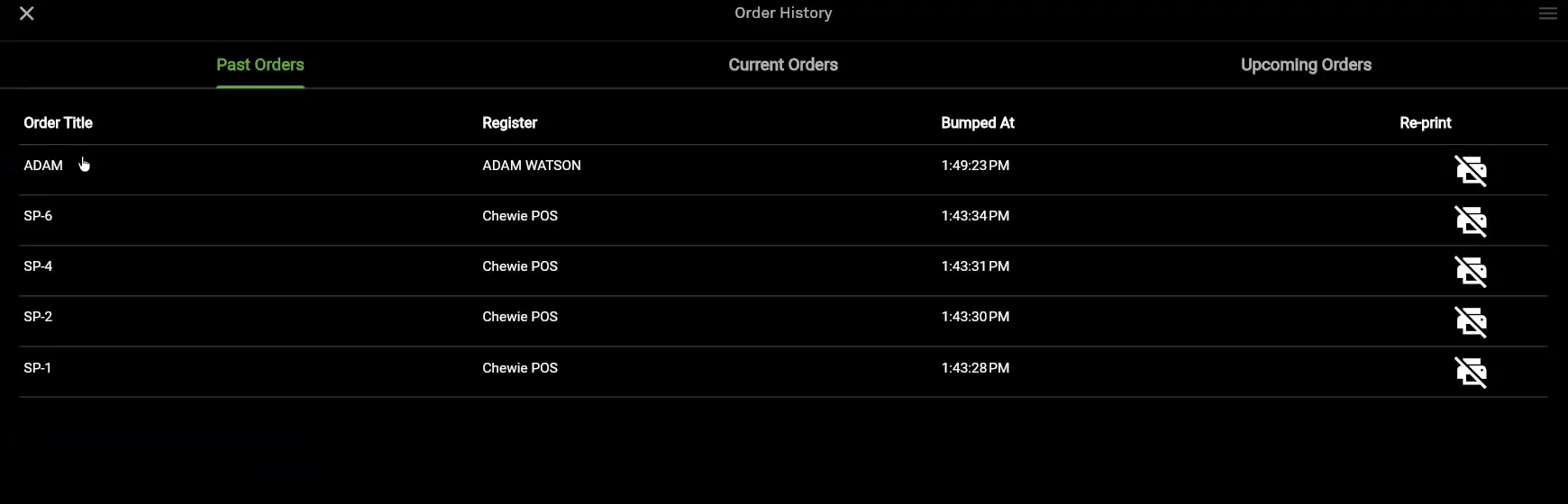Order History listing past orders