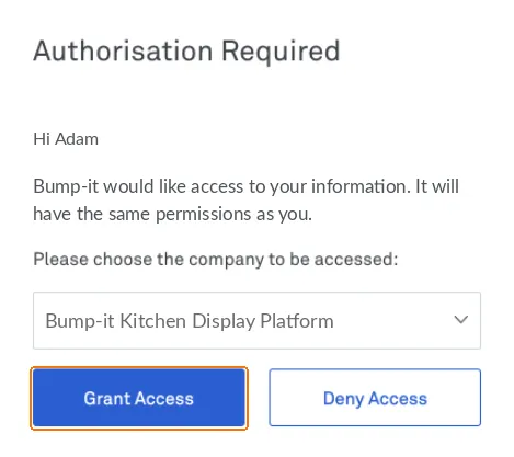 Authorisation Required window showing the company dropdown and Grant Access