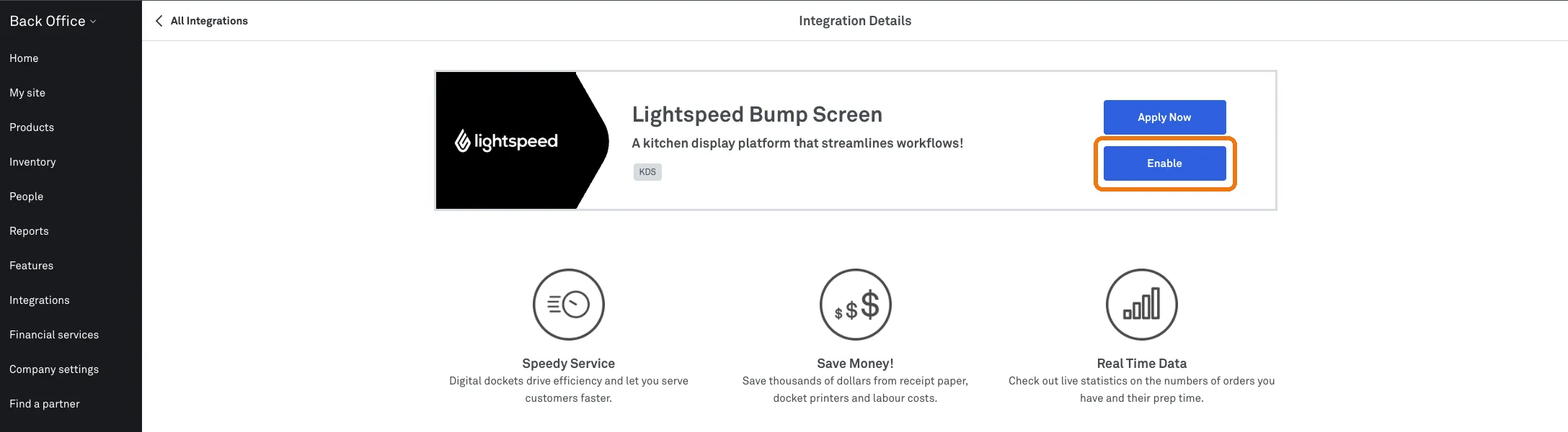 Integration Details page with the Enable button
