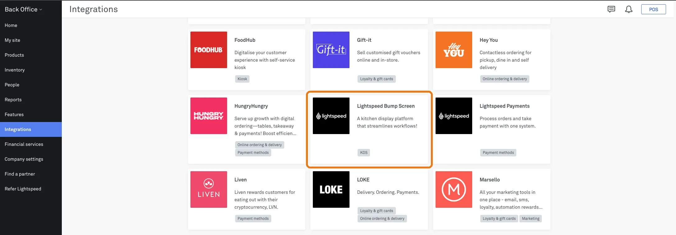 Lightspeed Back Office Integrations page with the Lightspeed Bump Screen tile